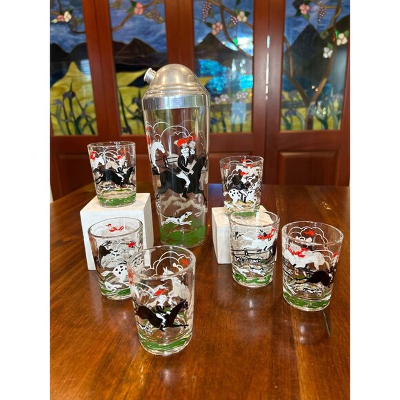 Hazel Atlas Fox Hunt Cocktail Shaker With Shot Glasses. - Picture 7 of 12